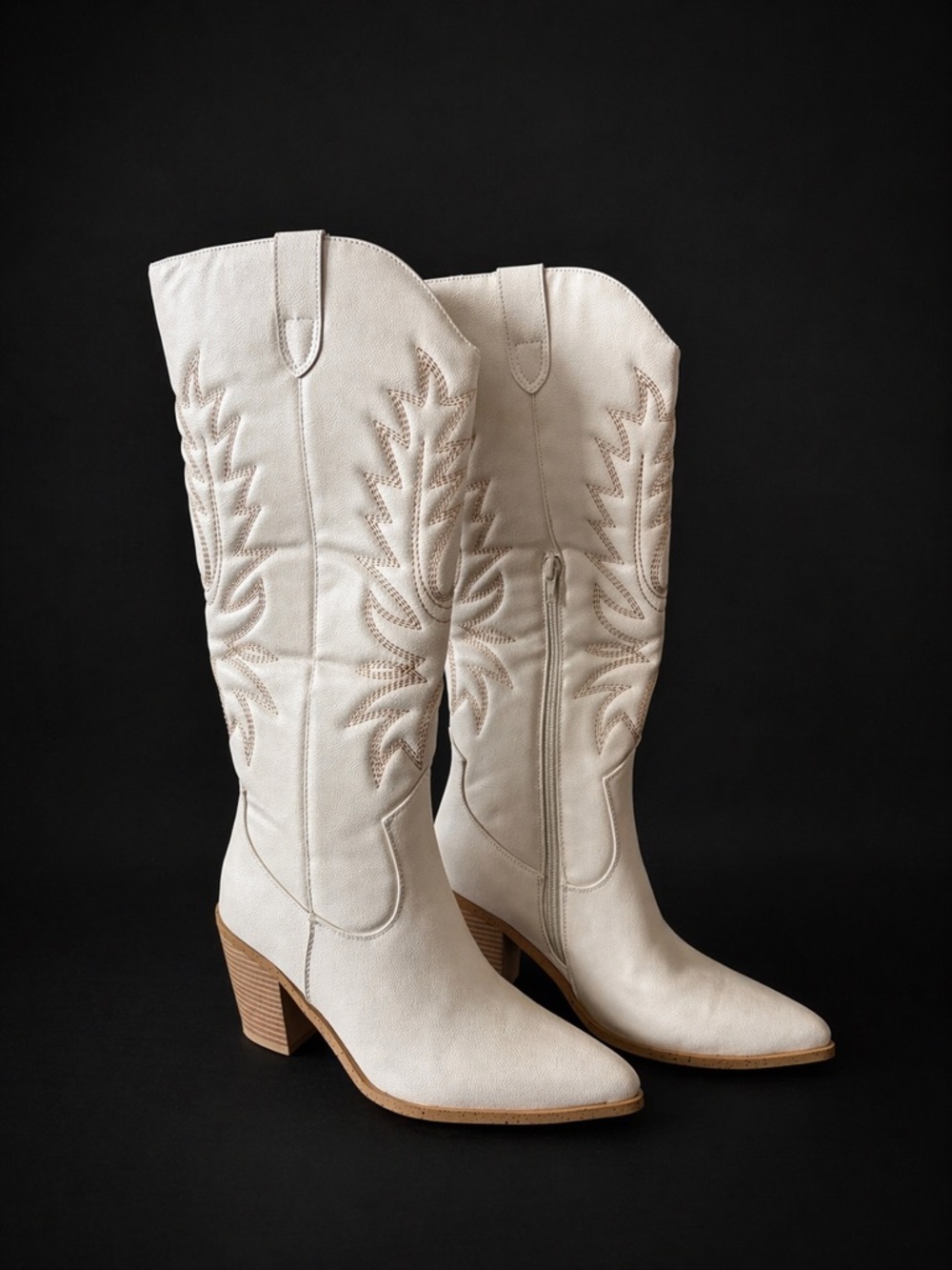 Beige faux leather cowgirl Western Knee-High Boots